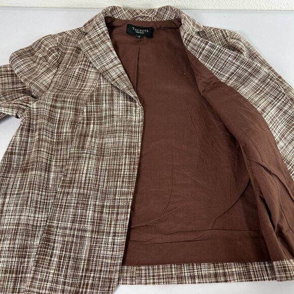 Talbots Blazer Size 4 Brown Plaid Linen Blend Lined Jacket Career Work Pockets - Picture 7 of 11